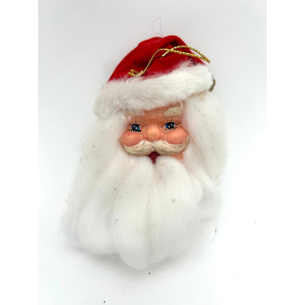 Vintage Santa Head Christmas Ornament Red Hat with Bell White Beard xx"